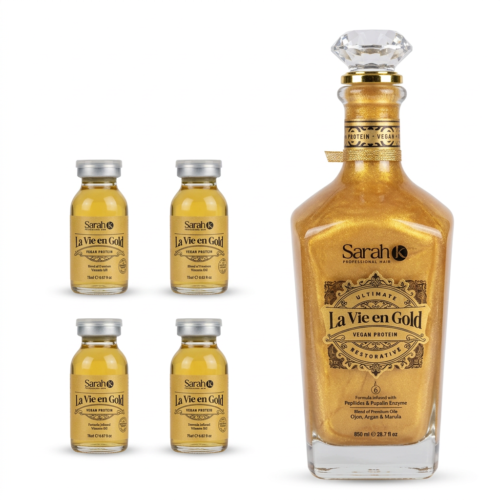 La Vie en Gold bottle and four booster bottles on white, without the box