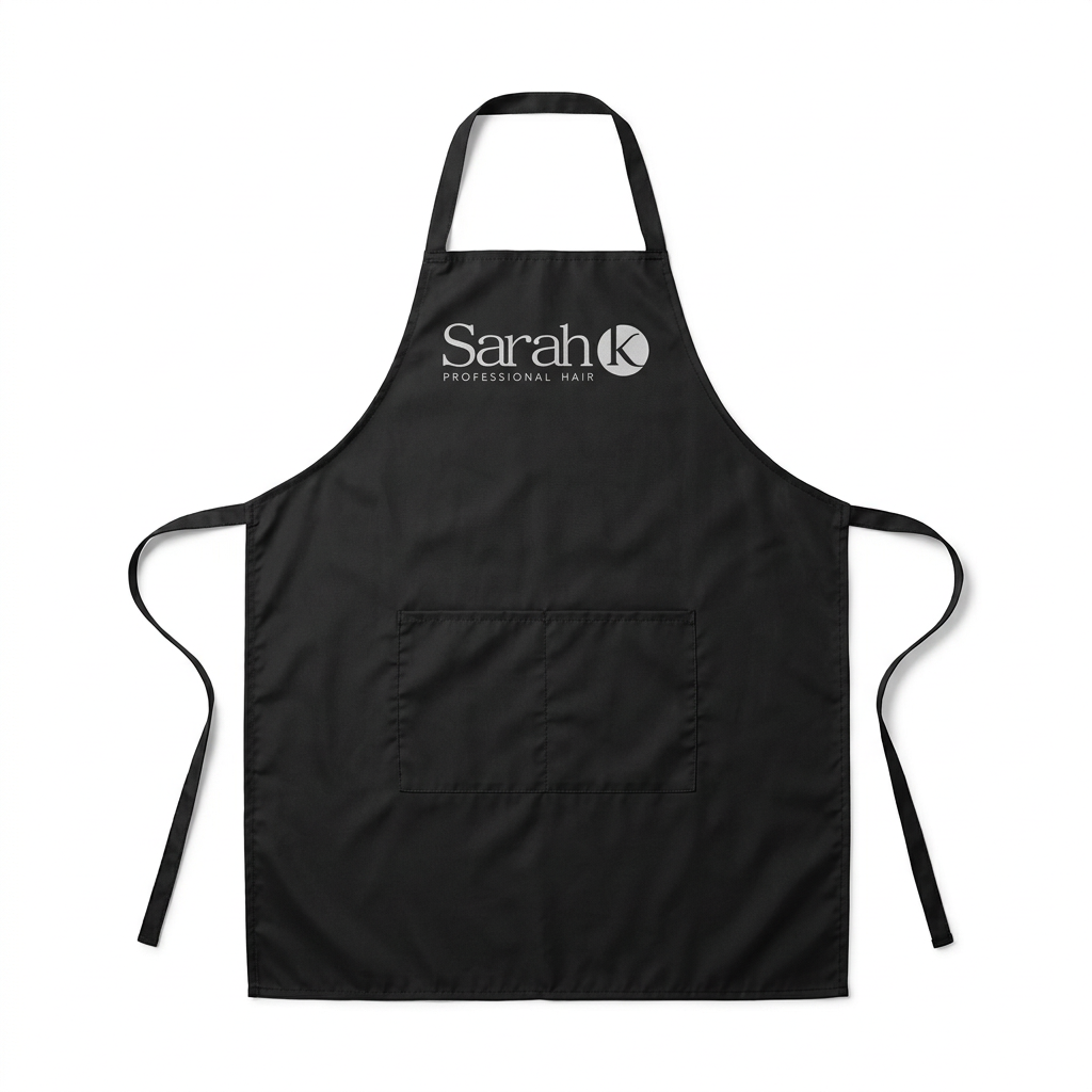 Sarah K salon apron on a plain white background