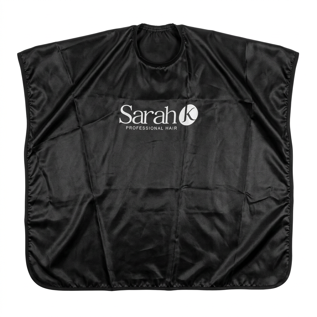 Sarah K salon cape on a plain white background