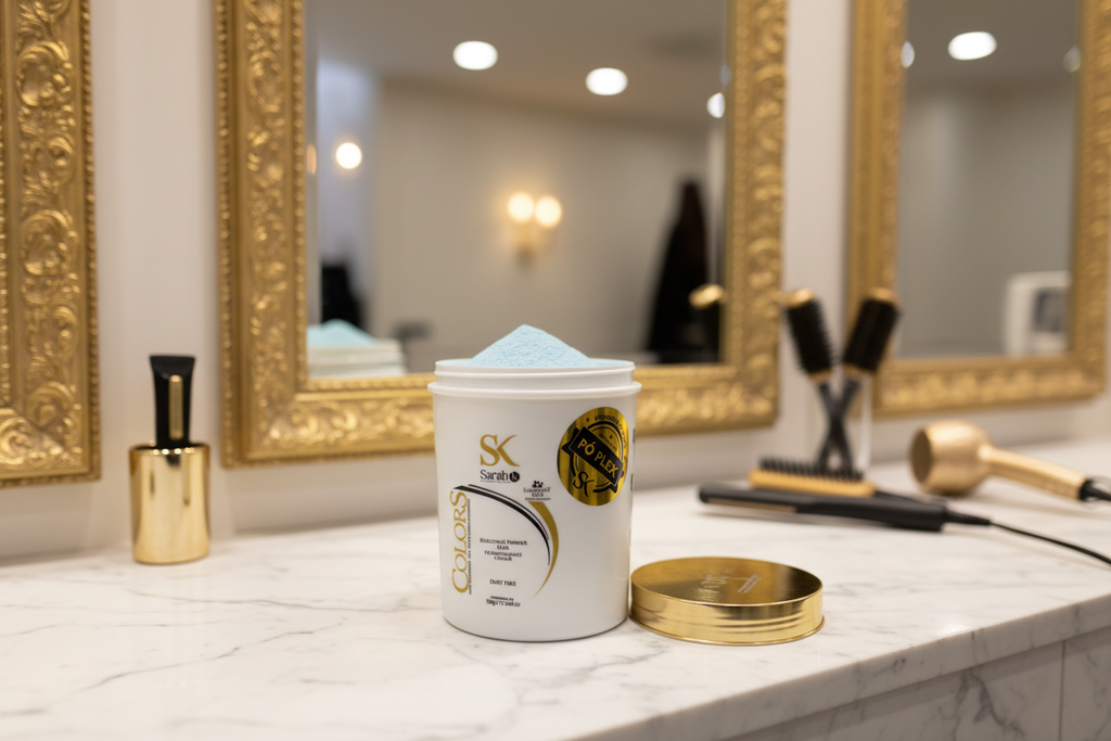 SK Colors blue powder on salon counter