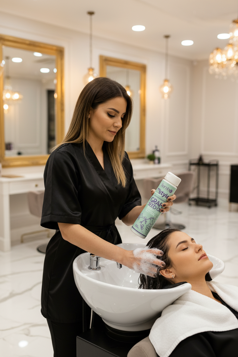 Stylist applying shampoo at salon bowl
