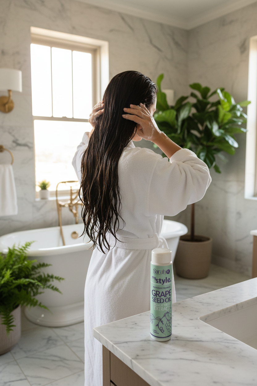 Woman shampooing at home